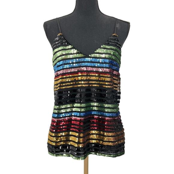 Express Black Rayon‎ Blend Multicolor All Over Sequins Striped  Cami - Picture 1 of 8